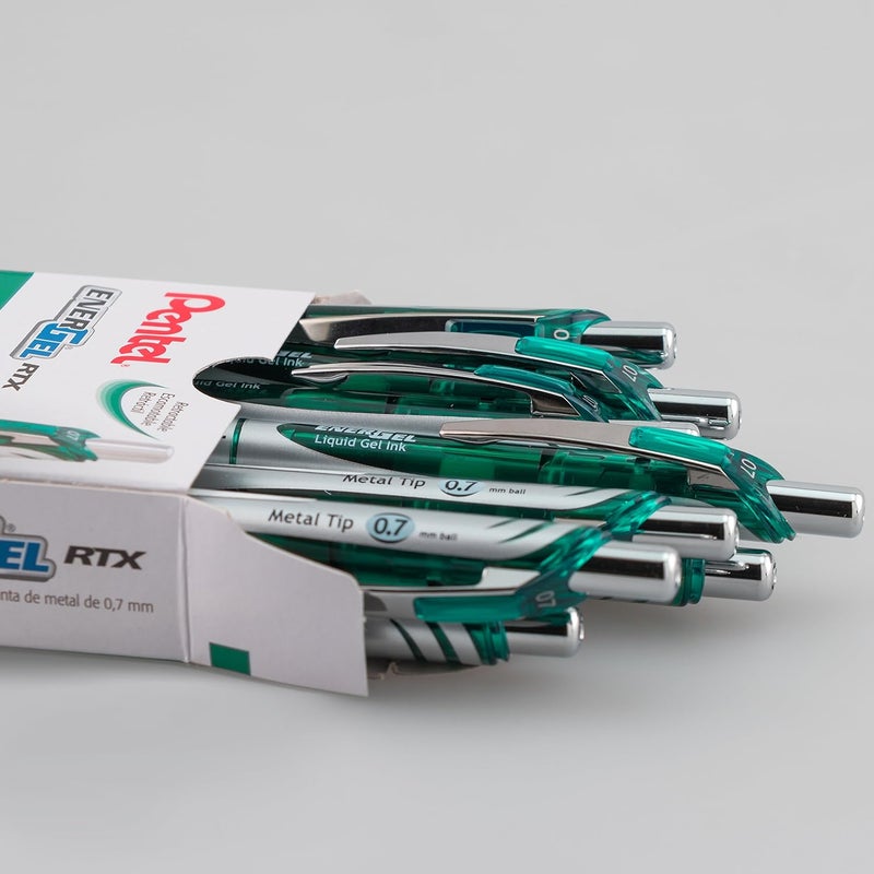 Pentel EnerGel RTX Liquid Gel Ink Pen, (0.7mm), Metal Tip, Green Ink, Box of 12 (BL77-D) - Image 2